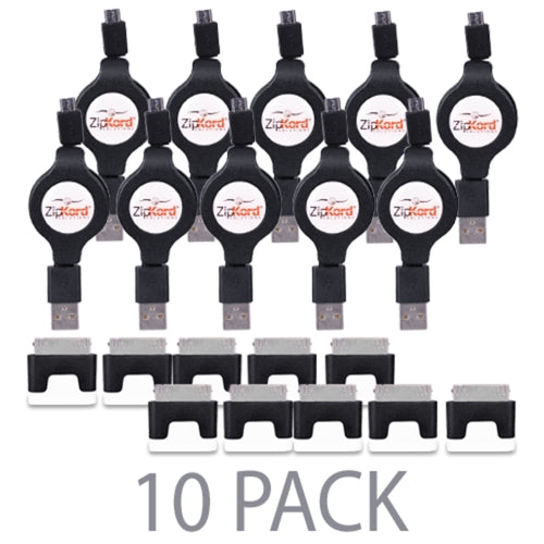 (10-Pack) ZipKord Retractable USB 2.0 to USB Micro Charge & Sync Cable w/30-Pin Dock Connector Adapter (Black)