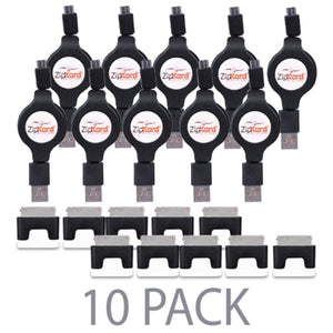 (10-Pack) ZipKord Retractable USB 2.0 to USB Micro Charge & Sync Cable w/30-Pin Dock Connector Adapter (Black)