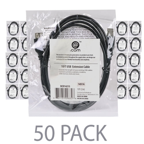 (50-Pack) 10 @.com DCD14215 USB 2.0 A (M) to USB 2.0 A (F) Extension Cable (Black)