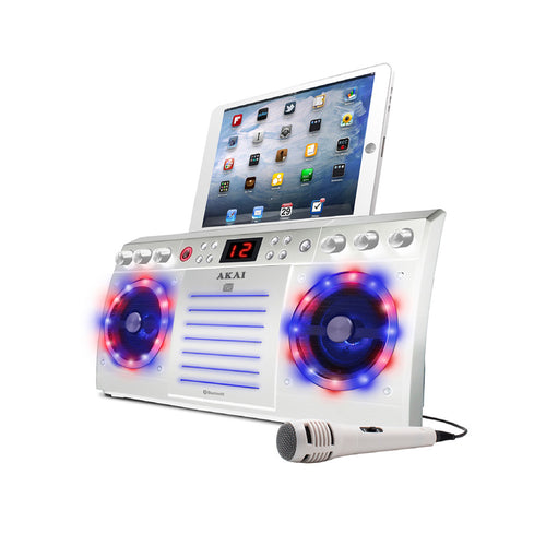 Akai Bluetooth CD+G Karaoke Machine with Built-in Speakers, Light Effects & iPad/ Tablet Cradle in White