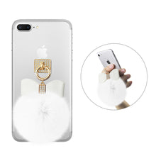 Reiko REIKO PHONE HOLDER/ FINGER LOOP GRIP WITH RHINESTONE SOFT PUFFY FUR BALL IN WHITE
